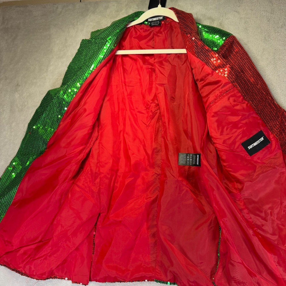 Suitmeister Christmas Sequin Blazer Red Green Two Tone Holiday Jacket Large 42 - Picture 7 of 7